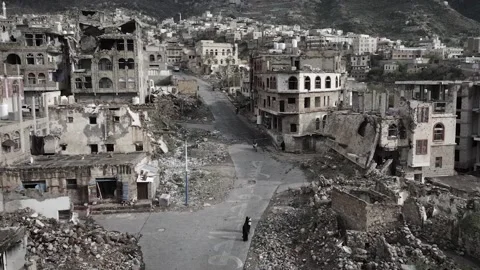 Aerial photography of houses destroyed due to the violent war in Taiz, Yemen Stock Footage