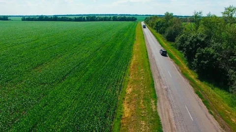 Aerial photography, lake, field, village Stock Footage