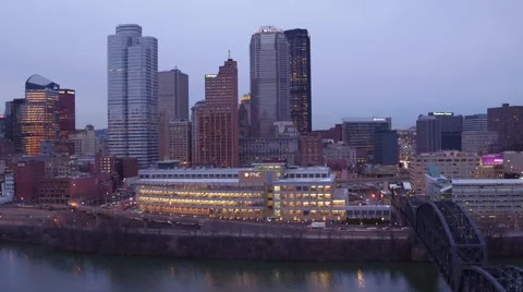 Aerial of Pittsburgh featuring the PNC Bank building and first street Stock Footage 59383120