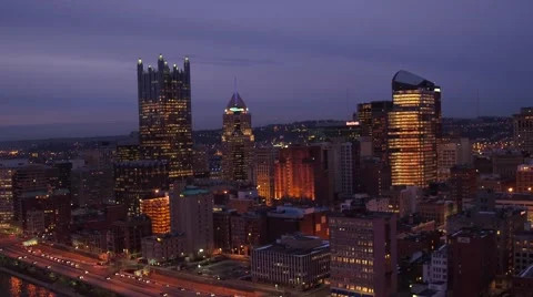 Aerial of Pittsburgh from Mon at night featuring PPG Place Stock Footage 59379241