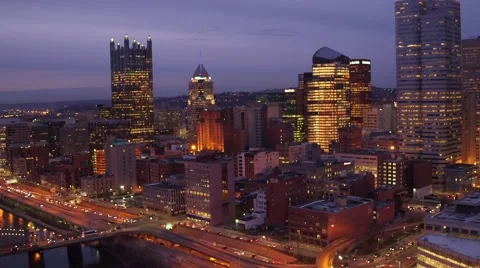 Aerial of Pittsburgh at night featuring skyline  Stock Footage 59378739