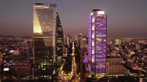 Aerial Planned Shot Forward, Paseo de la Reforma, Mexico, Aerial, Sunset Stock Footage 204818754