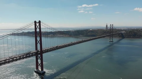 Aerial point-of-view drone shot 25th April Bridge in Lisbon Stock-Footage 107990579