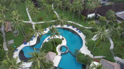 Aerial pool view and white sand beaches with coconut tree Stock Footage 176956845