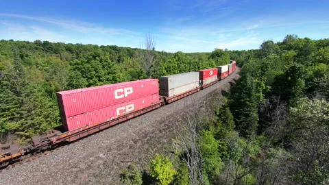 Aerial POV Pan of Freight Train, Cargo Transport Container Good Delivery Stock Footage 157606708