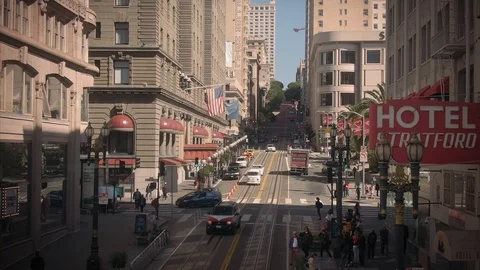 Aerial: Powell St to Union Square in central San Francisco, California, USA Stock Footage