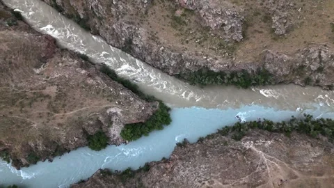 Aerial of powerful rapids in narrow section of Boom Gorge on Chu River, Stock Footage 341871417
