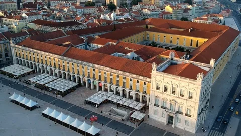 Aerial of the Praca do Comercio building, Lisbon, Portugal. Stock Footage 94982405