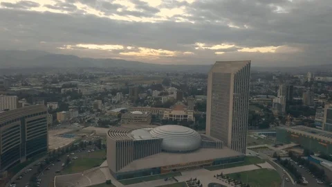 Aerial Pull of African Union Headquarters in Addis Ababa Stockbeeldmateriaal 128548401