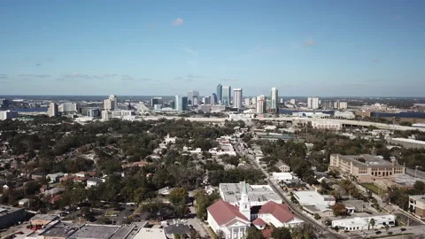 Aerial Pull Back Jacksonville Florida Skyline With Church In Foreground Video stock 145606615