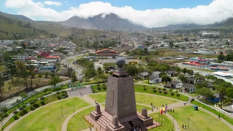 Aerial Pull Back from Mitad del Mundo Equator Monument Near Quito Ecuador Stock Footage 331955063