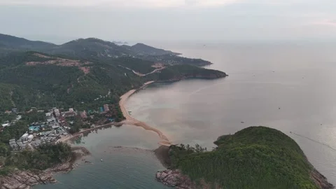 Aerial Pull Back Over Koh Ma Sandbar at Sunset, Koh Phangan Thailand Stock Footage 347986008