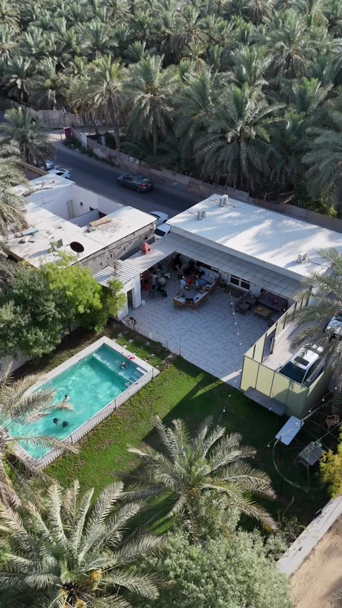 Aerial pull-back reveal of a chalet surrounded by date palms in Al Ahsa Stock Footage 341860321