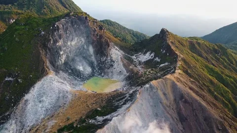 Aerial Pull Back Reveal of Mount Sibayak Volcano Crater, Sumatra, Indonesia Stock Footage 327745834