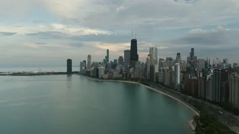 Aerial Pull Back, Reveal North Ave Beach, Chicago Skyline Summer Video stock 131376739