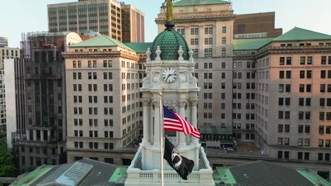 Aerial Pull Back Shot of Brooklyn Borough Hall Clock Tower Video stock 253837310