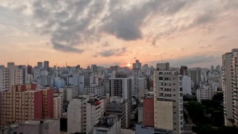 Aerial pull back shot capturing São Paulo cityscape at dusk in Brazil. Video stock 291979344