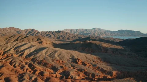 Aerial Pull Back Shot of Desert Sandstone Landscape near Lake Mead, Las Vegas Stock Footage 116588330
