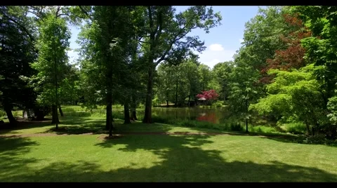 Aerial pull back shot of a green alley 4k Stock Footage 65234990