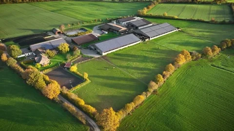 Aerial pull-back shot of modern livestock farm with photovoltaic panels 스톡 동영상 321809223