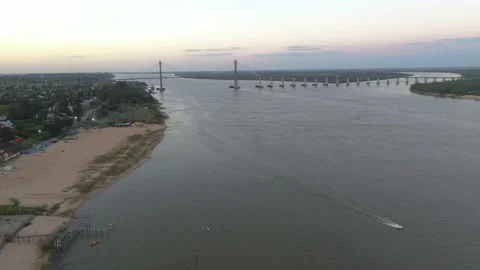 Aerial Pull Back Shot over paraná River in Rosario city Stock Footage 166592621