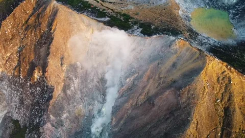 Aerial Pull Back Shot of Smoking Crater at Mount Sibayak Volcano Stock Footage 327745857