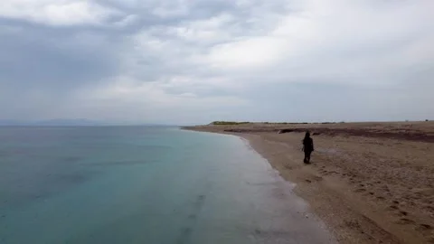 Aerial pull back shot of a young woman walking on the beach shore Stock Footage 245537941