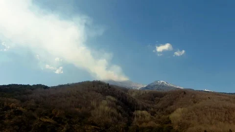 Aerial pull back view of mount Etna in winter, smoking during an eruption Stock Footage 106920454