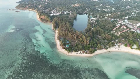 Aerial Pull Back From Zen Beach to Lake and Mountains, Koh Phangan Stock Footage 347987842