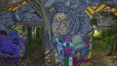 Aerial Pull Out Close Up to Wide Shot Jungle Graffiti Wall Abandoned Building Stock Footage 74248932