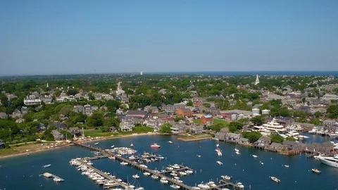 Aerial Pull-out of Harbor Full With Boats on a Summer Day, Nantucket Stock Footage 88005979