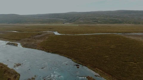 Aerial pull out revealing view of Godafoss waterfall in North Iceland Stock Footage 119790151