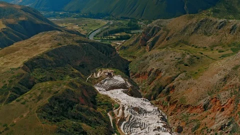 Aerial Pull-out: Salt Mines (Salineras) of Maras in Urubamba Sacred Valley, Peru Stock Footage 115282228