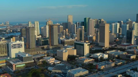 Aerial pull out shot Downtown Miami and I95 Video stock 105270326