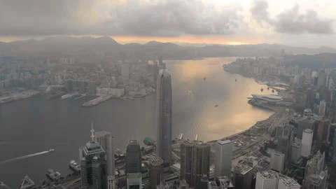 Aerial pull out shot of Hong Kong skyline Stock Footage 105934636
