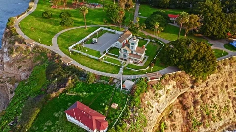 Aerial pull out shot of Point Fermin Lighthouse Stock Footage 327896298