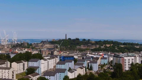 Aerial pull out view of Calton Hill in Edinburgh (Scotland) Stock Footage 114214692