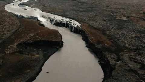 Aerial pull out view of Dettifoss waterfall in North Iceland Video stock 119208227