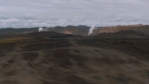 Aerial pull out view from geothermal plants in a volcanic area in North Iceland Stock Footage 116863155