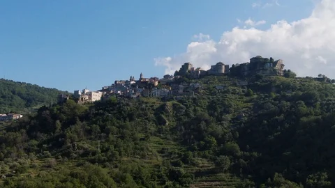 Aerial pull out view from the hillltop town of Castiglione in Sicily Stock Footage 109564972