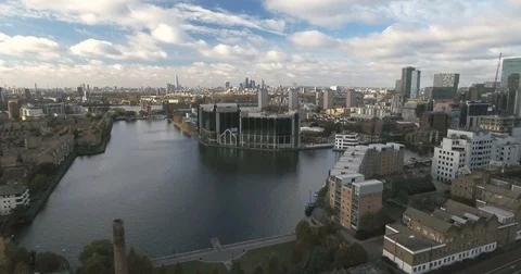 Aerial pull out view of the Millwall outer dock in London Stock Footage 70021519