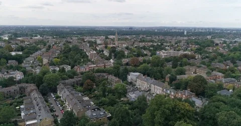 Aerial pull out view over a residential Victorian village in West London Stock Footage 80869035