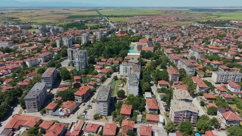 Aerial Pull-Out View of Residential Buildings in Chirpan Bulgaria Stockbeeldmateriaal 345172049
