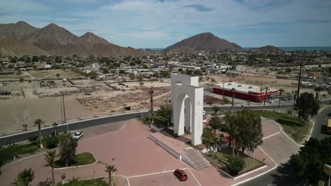 Aerial pull out from white arches in town of San Felipe Baja California Mexico 스톡 동영상 235630437