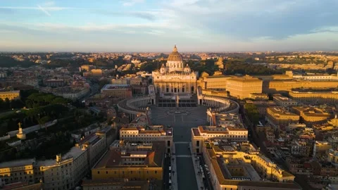 Aerial Pullback Away from St. Peter's Square, Vatican City at Sunset Stock Footage 256738550