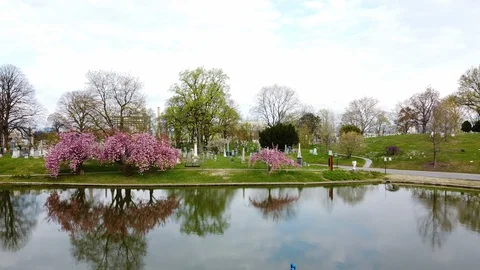 Aerial pullback beautiful graveyard lake Greenwood Cemetery  Stock Footage 129276347
