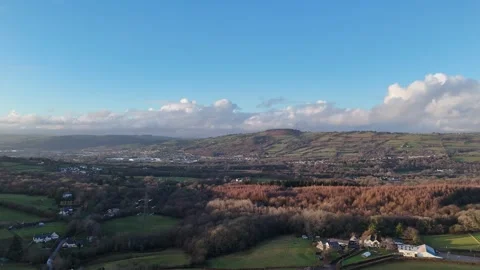 Aerial Pullback of Caerphilly Countryside and Houses, Wales UK Stock-Footage 332076403