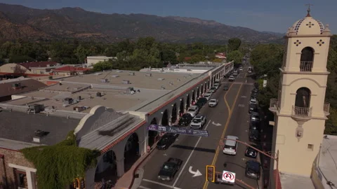 Aerial pullback of iconic arcade of Ojai, CA Stock Footage 333038963