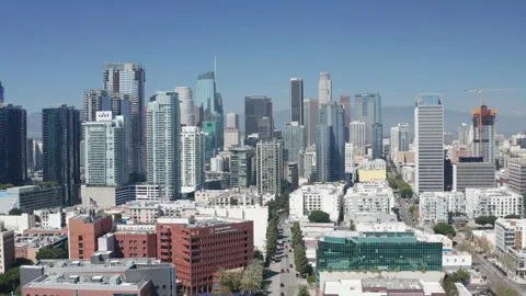 Aerial pullback of Los Angeles downtown skyline, buildings, commercial district Stock Footage 273749409