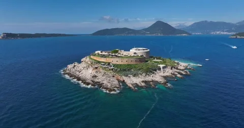 Aerial Pullback of Mamula Island and Adriatic Sea in Montenegro Vídeos de archivo 308608681